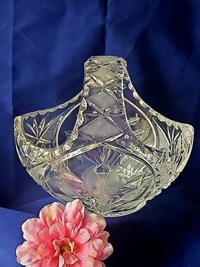 Crystal Cut Bridal 7" Heavy Glass Basket / Candy Dish with Etched Floral Design